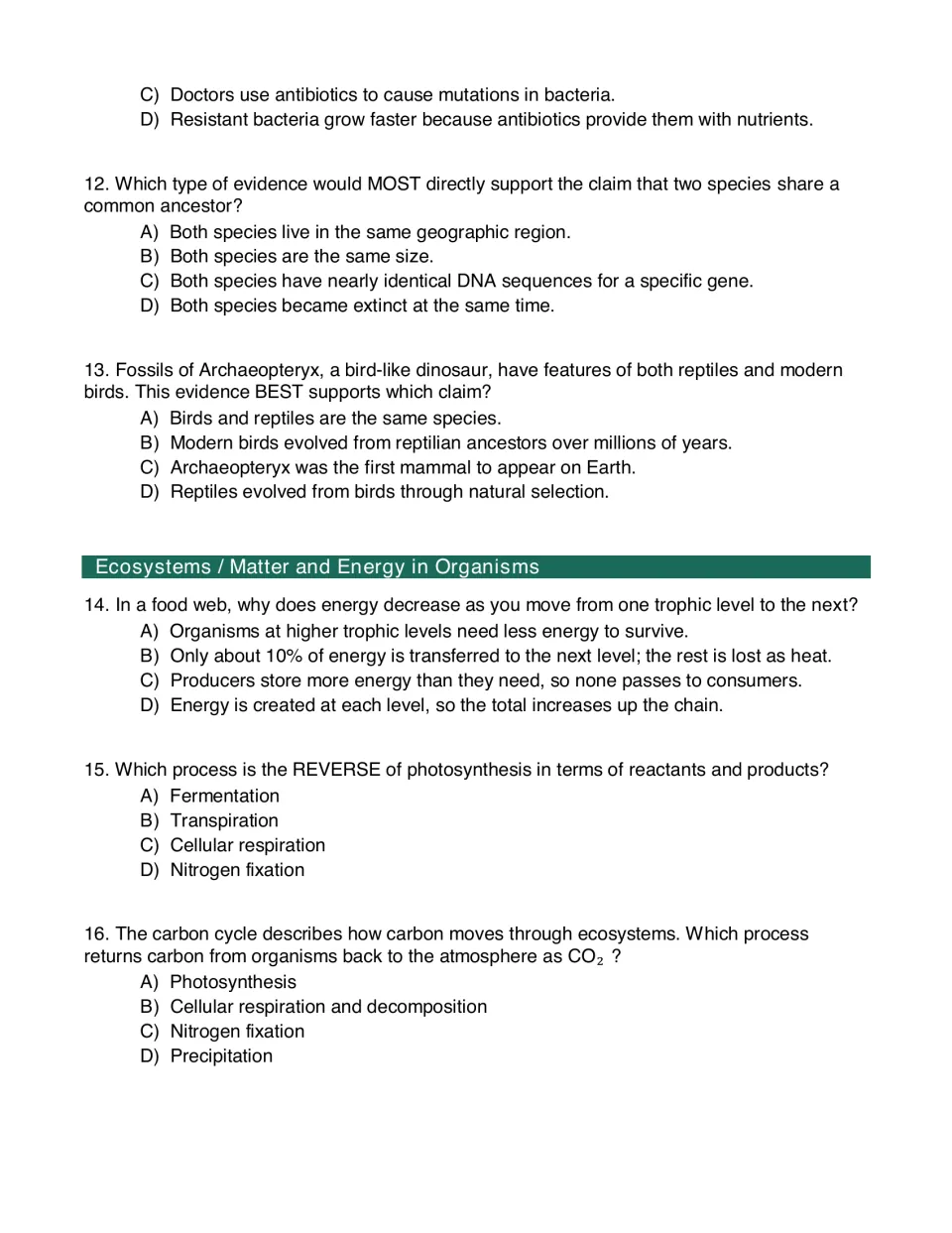 Evolution evidence and ecosystems, questions 12-16: students pick answers on shared DNA, fossils, energy transfer and CO2