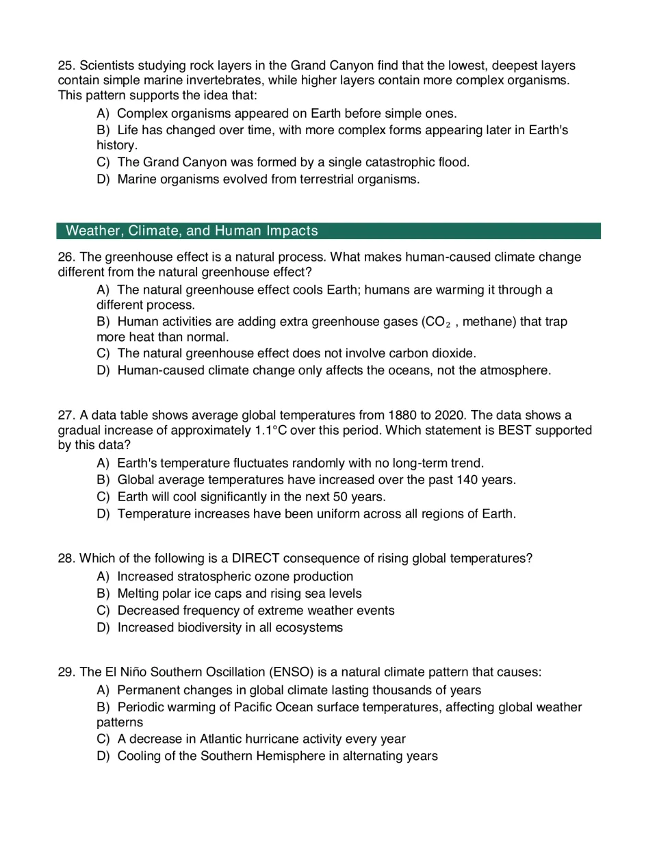 Climate and human impacts, questions 25-29: students choose answers on Grand Canyon fossils, greenhouse gases and El Niño