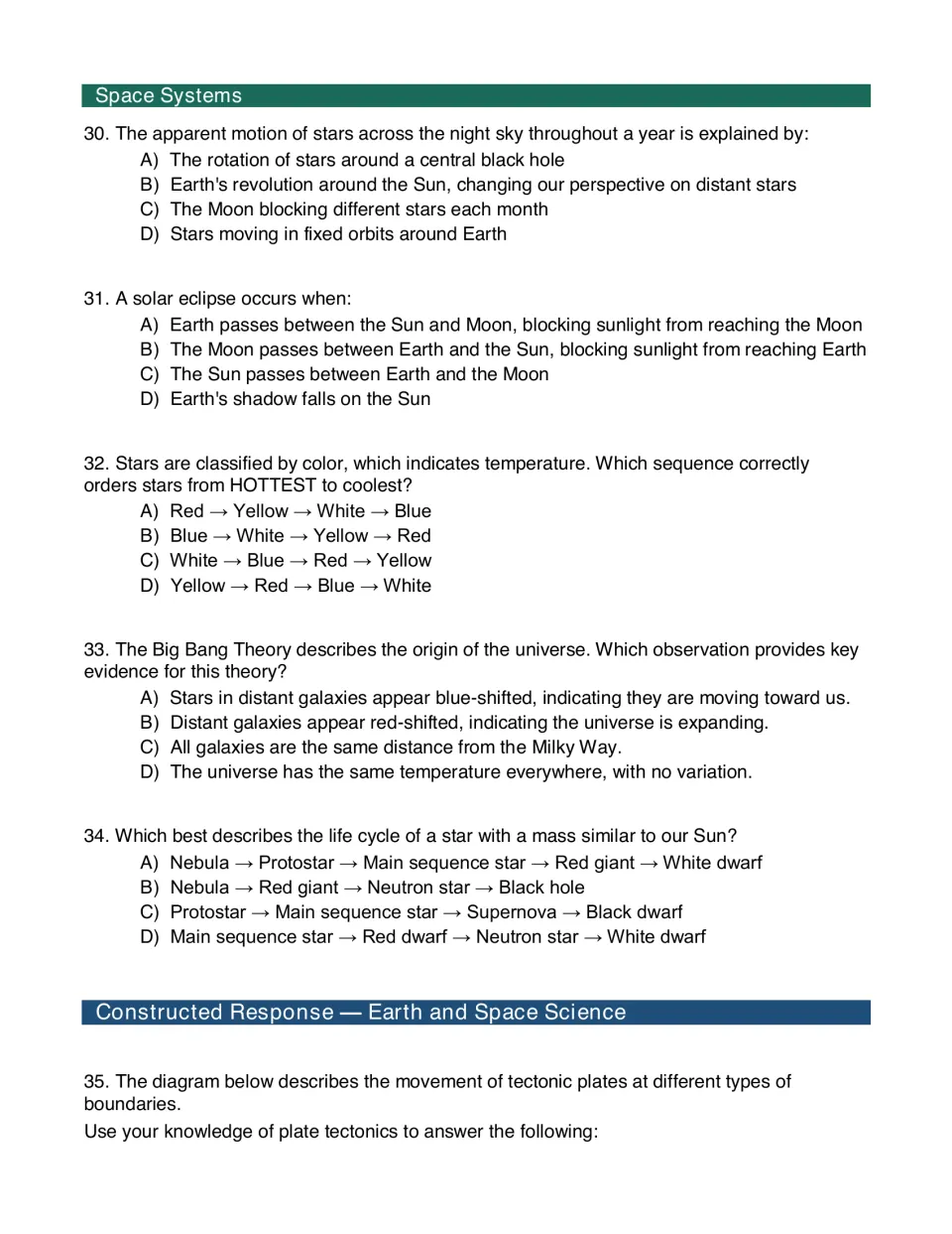 Space systems questions 30-34 on eclipses, star color, red shift and star life cycles, then a plate boundary written prompt