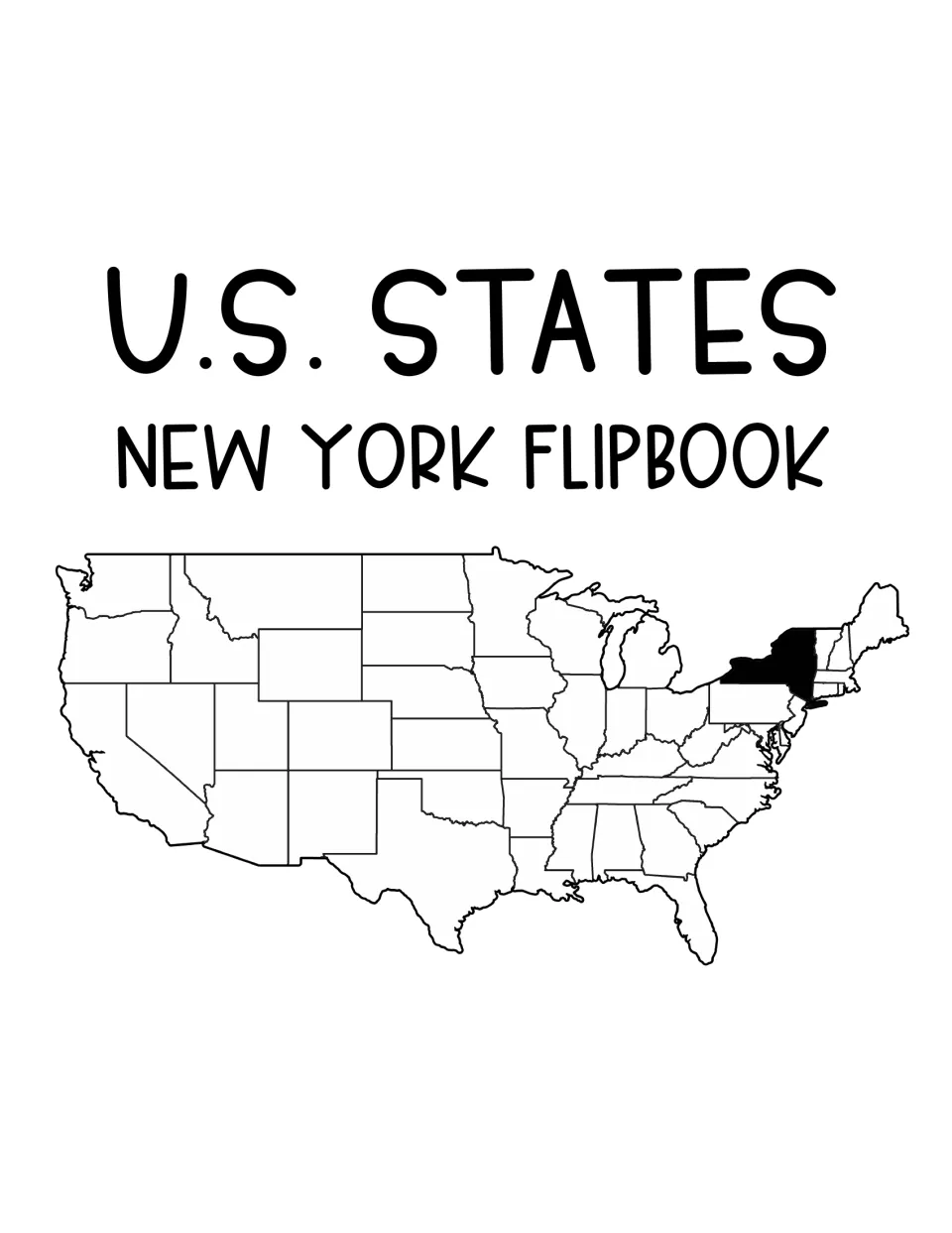 U.S. States New York Flipbook cover showing a United States map with New York shaded in black to mark its location