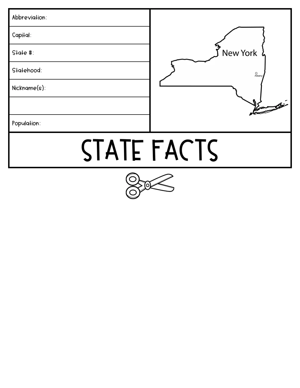 State Facts flap: students research New York's abbreviation, capital, state number, statehood date, nicknames, population