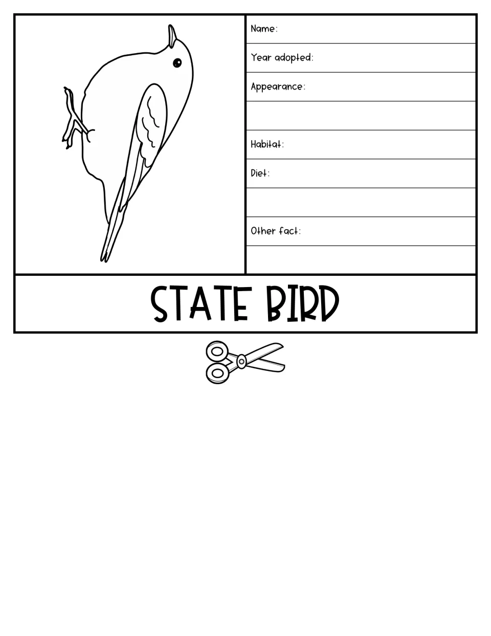State Bird flap: students record the bird's name, year adopted, appearance, habitat, diet and another fact beside a drawing