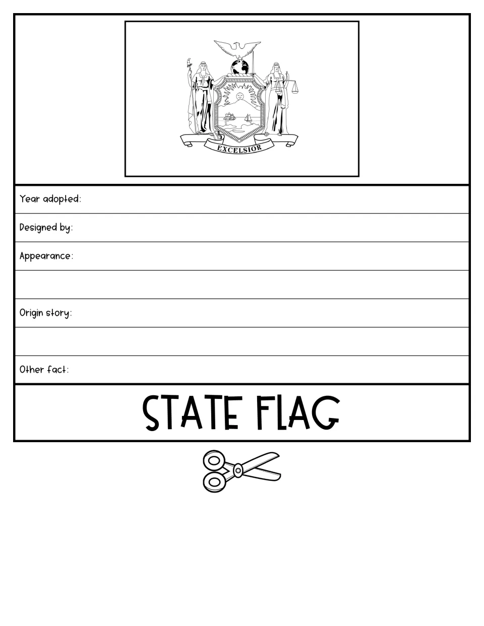 State Flag flap with the New York flag's seal and Excelsior motto; students note year, designer, look, origin story