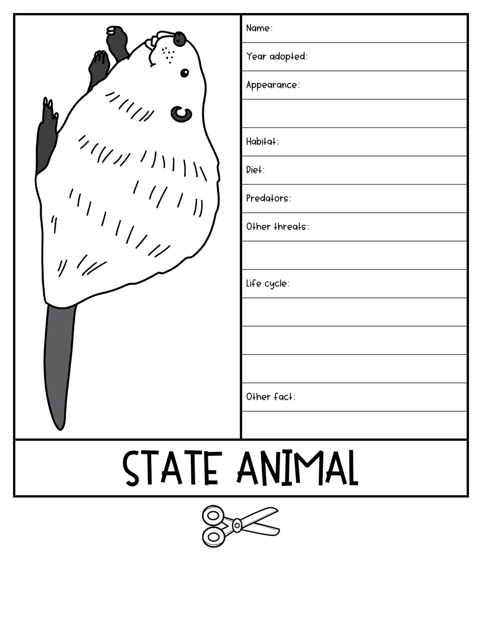 State Animal flap with a beaver drawing: students note name, year, appearance, habitat, diet, predators, threats, life cycle