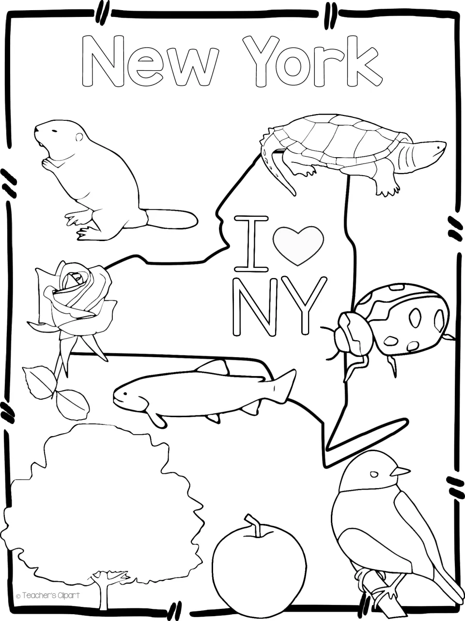 Black-and-white New York symbols: beaver, turtle, rose, ladybug, fish, tree, apple and bird around an I heart NY state map