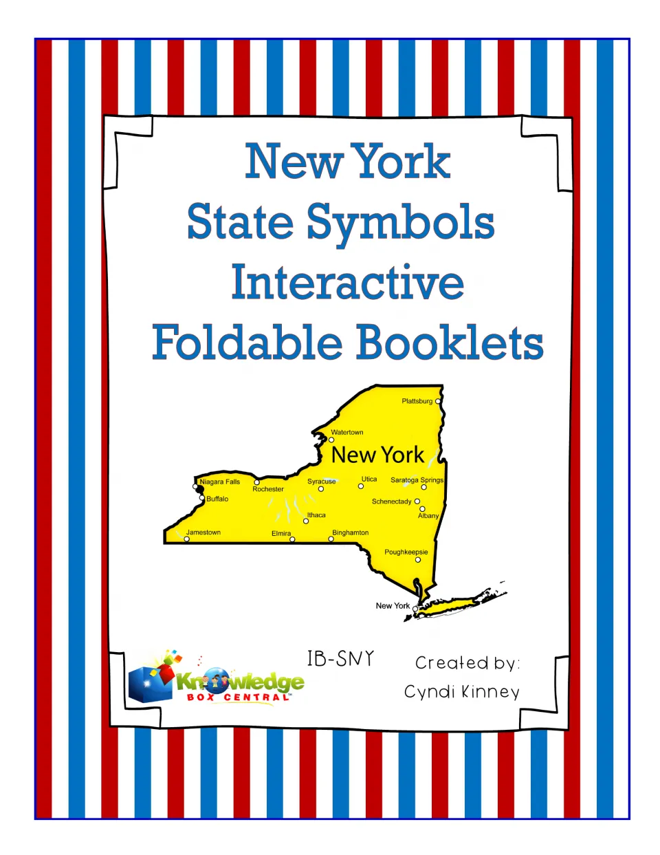 Cover for New York state symbols foldable booklets, featuring a state map labeled with major cities