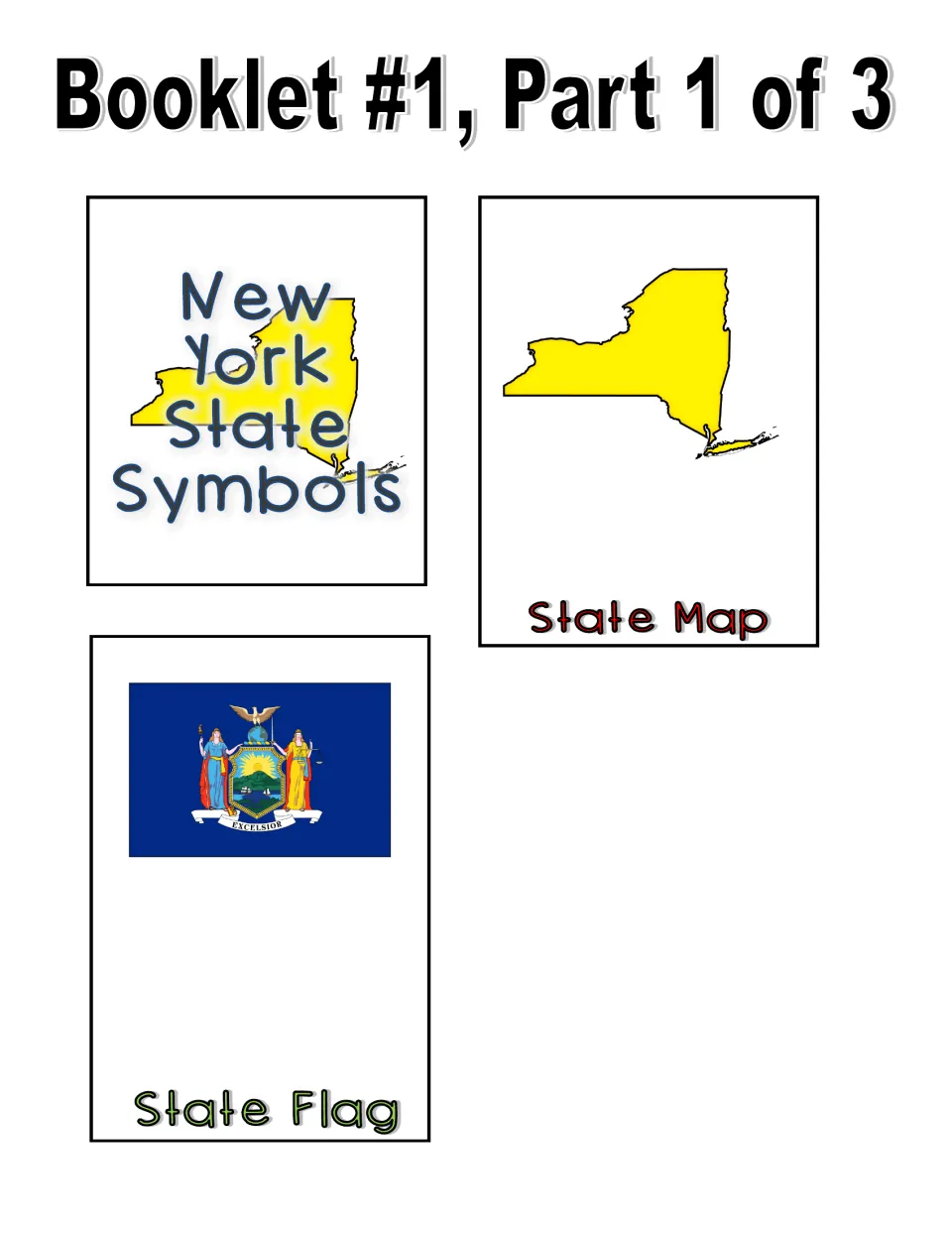Color booklet, part 1 of 3: title page, New York state map, and state flag pieces to cut and assemble