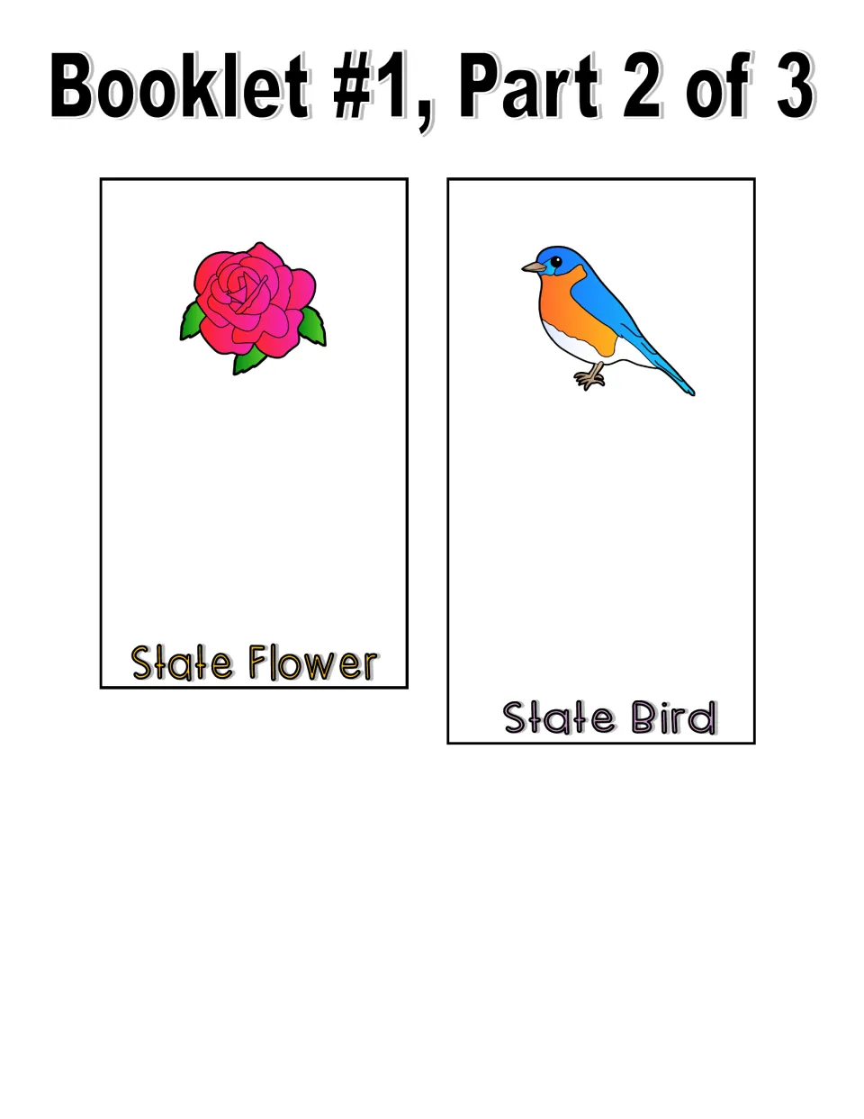 Color booklet, part 2 of 3: state flower and state bird pages illustrated with a rose and a bluebird