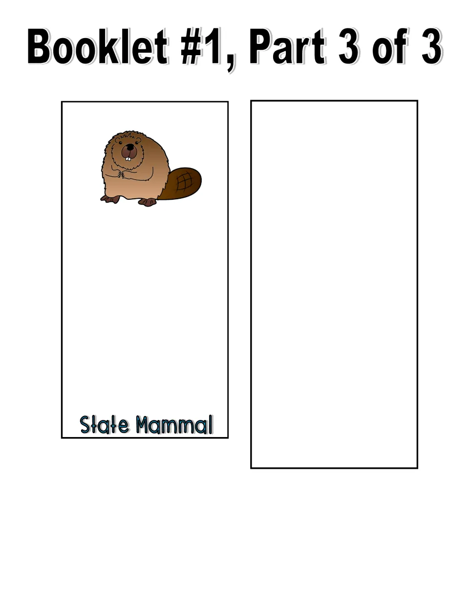 Color booklet, part 3 of 3: state mammal page featuring a beaver and a blank page for another symbol