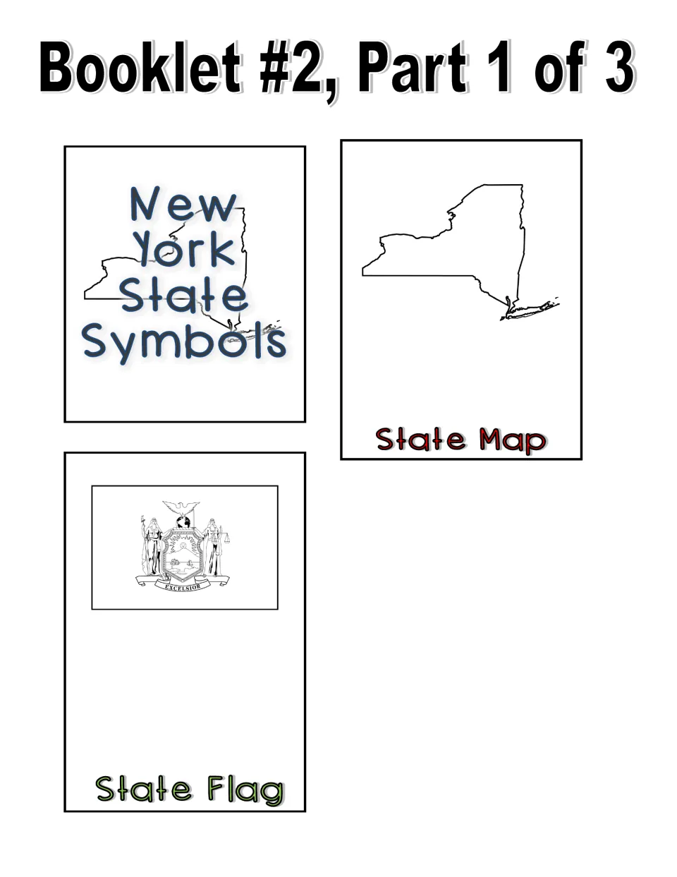 Booklet 2, part 1 of 3: title, state map, and state flag pieces featuring black-and-white images