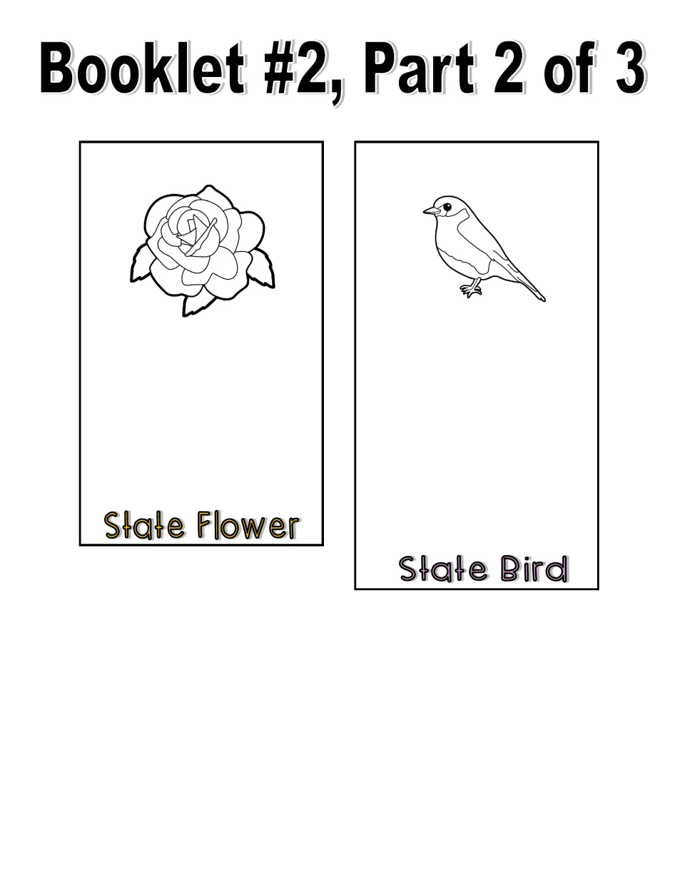 Booklet 2, part 2 of 3: state flower and state bird pages featuring black-and-white rose and bird images