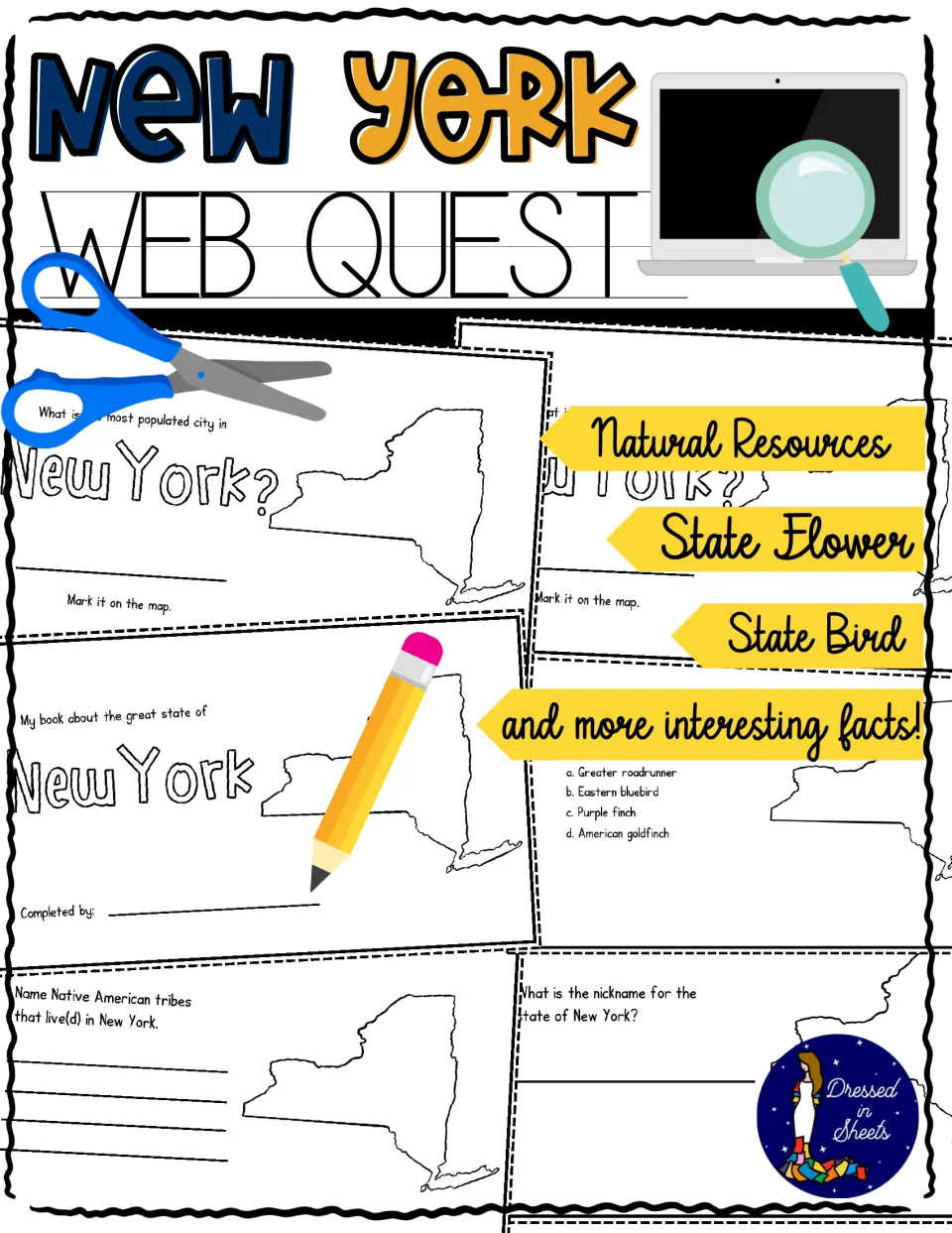 New York Web Quest cover previewing mini-book pages on natural resources, state flower, state bird and more state facts