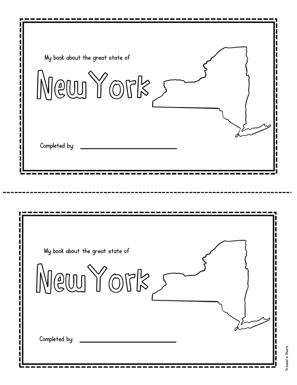 Booklet title page, 'My book about the great state of New York', with a state outline and a Completed by line for names