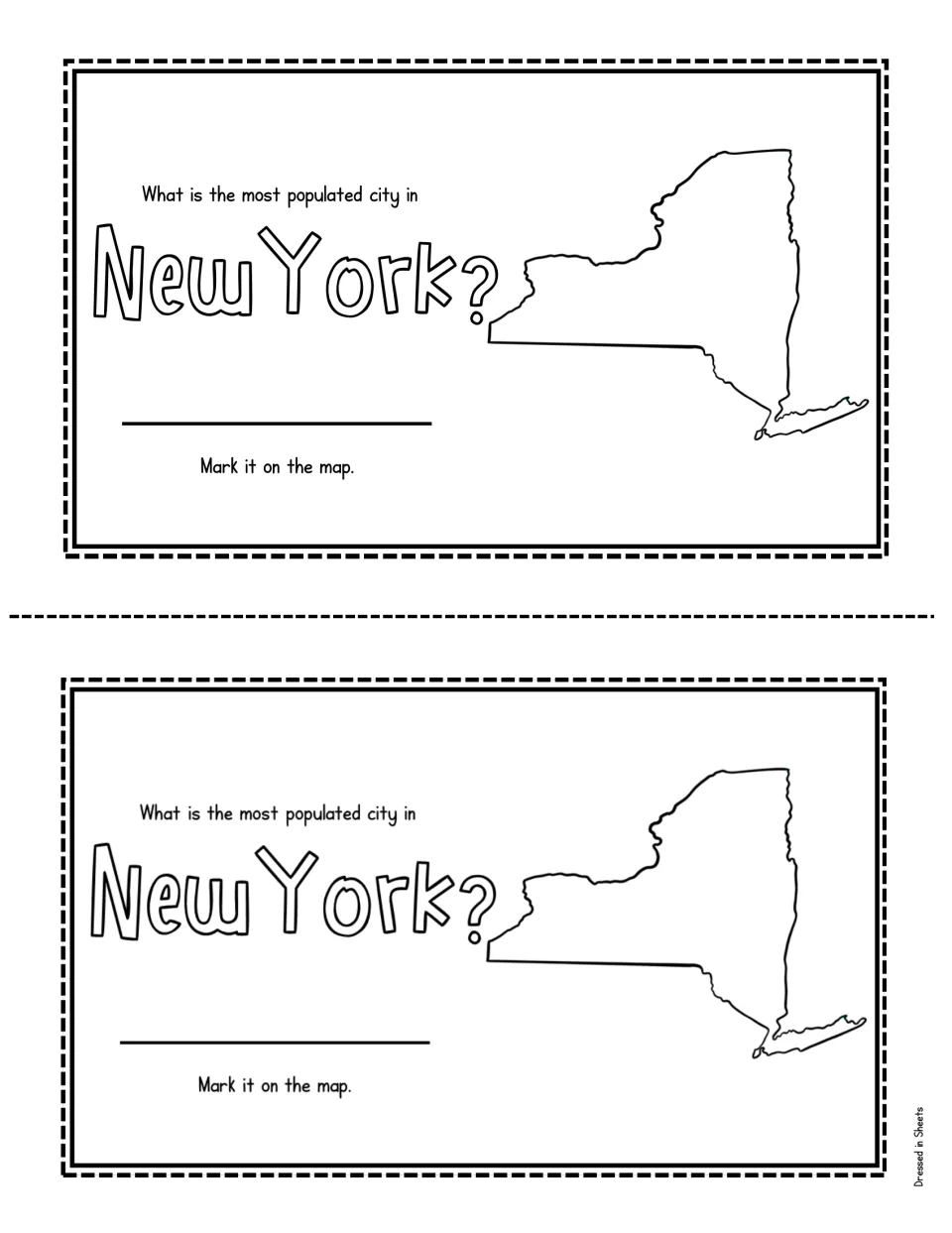 Most populated city in New York: students research the answer, write it in, and mark the city on the state outline map