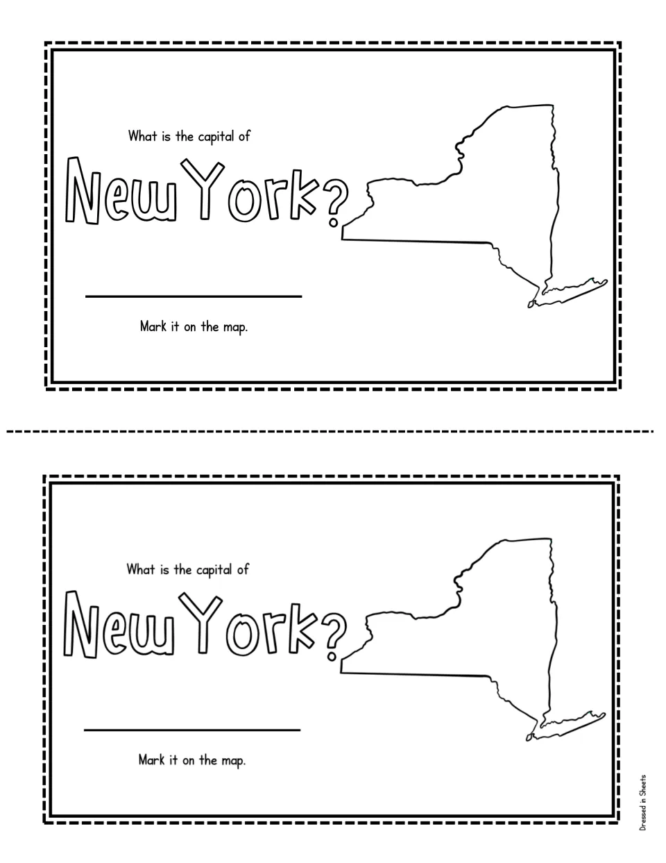 State capital question: students look up the capital of New York, write its name and mark its location on the outline map