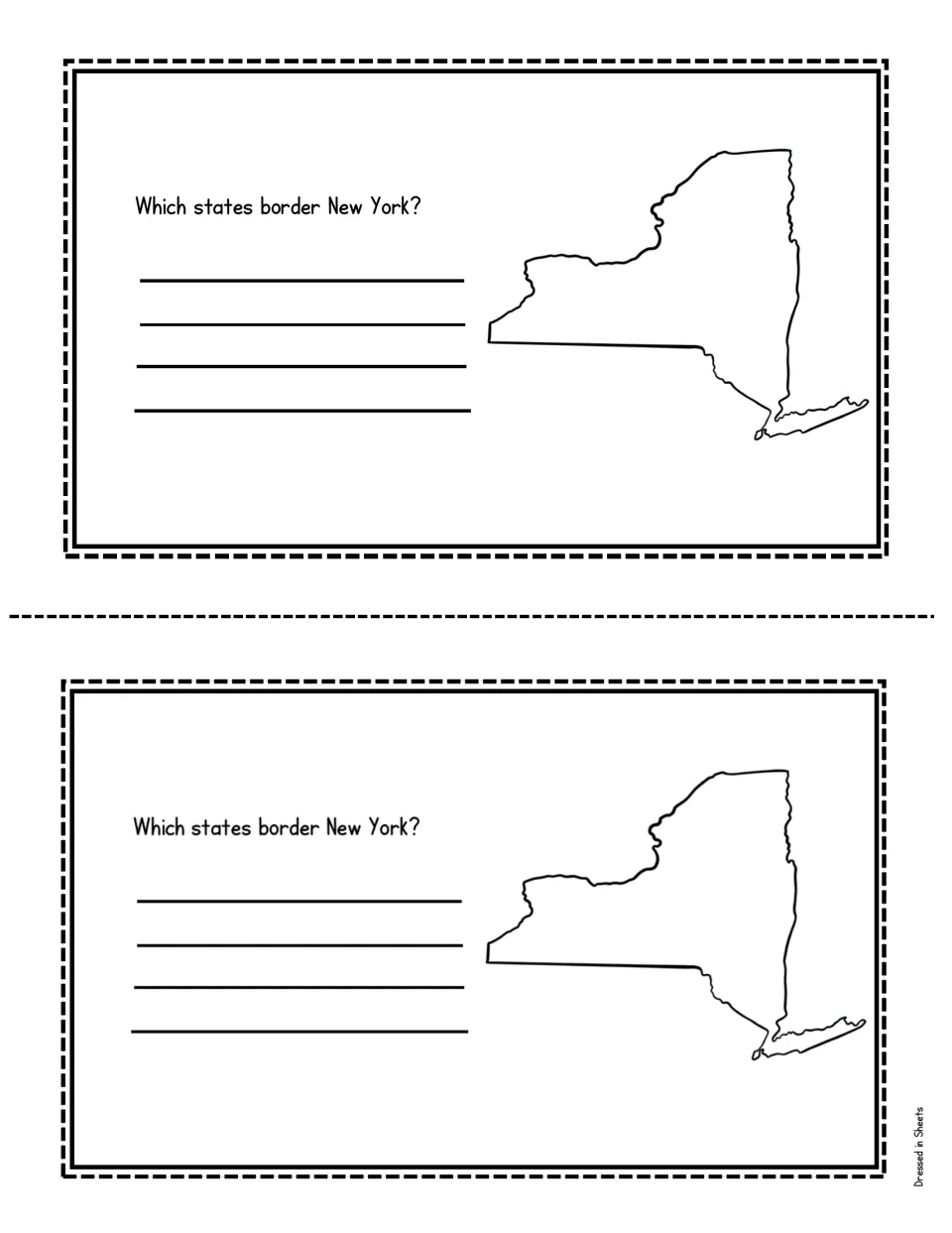 Bordering states: students identify and write the states that share a border with New York beside the state outline map