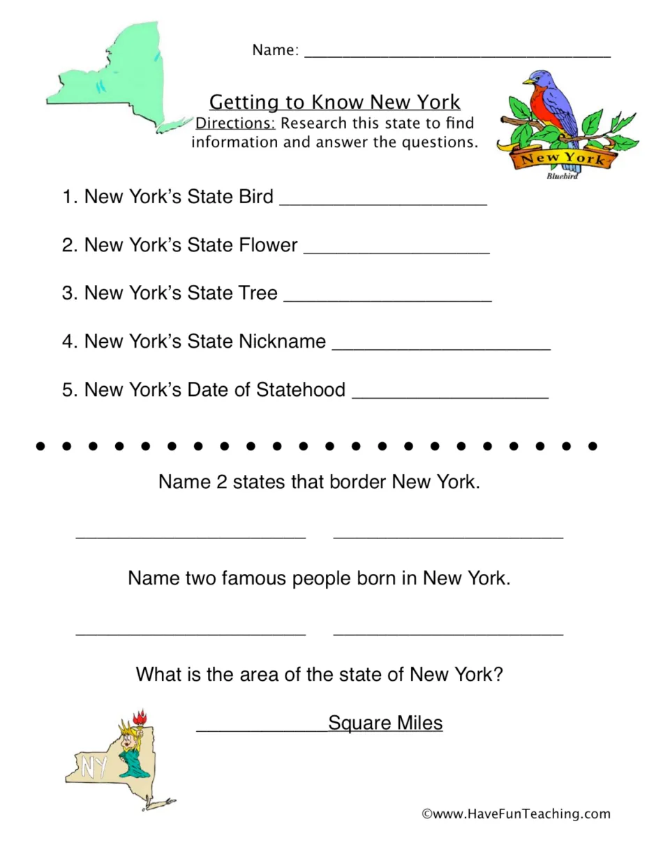 Getting to Know New York state research: students find the state bird, flower, tree, nickname, statehood date and area