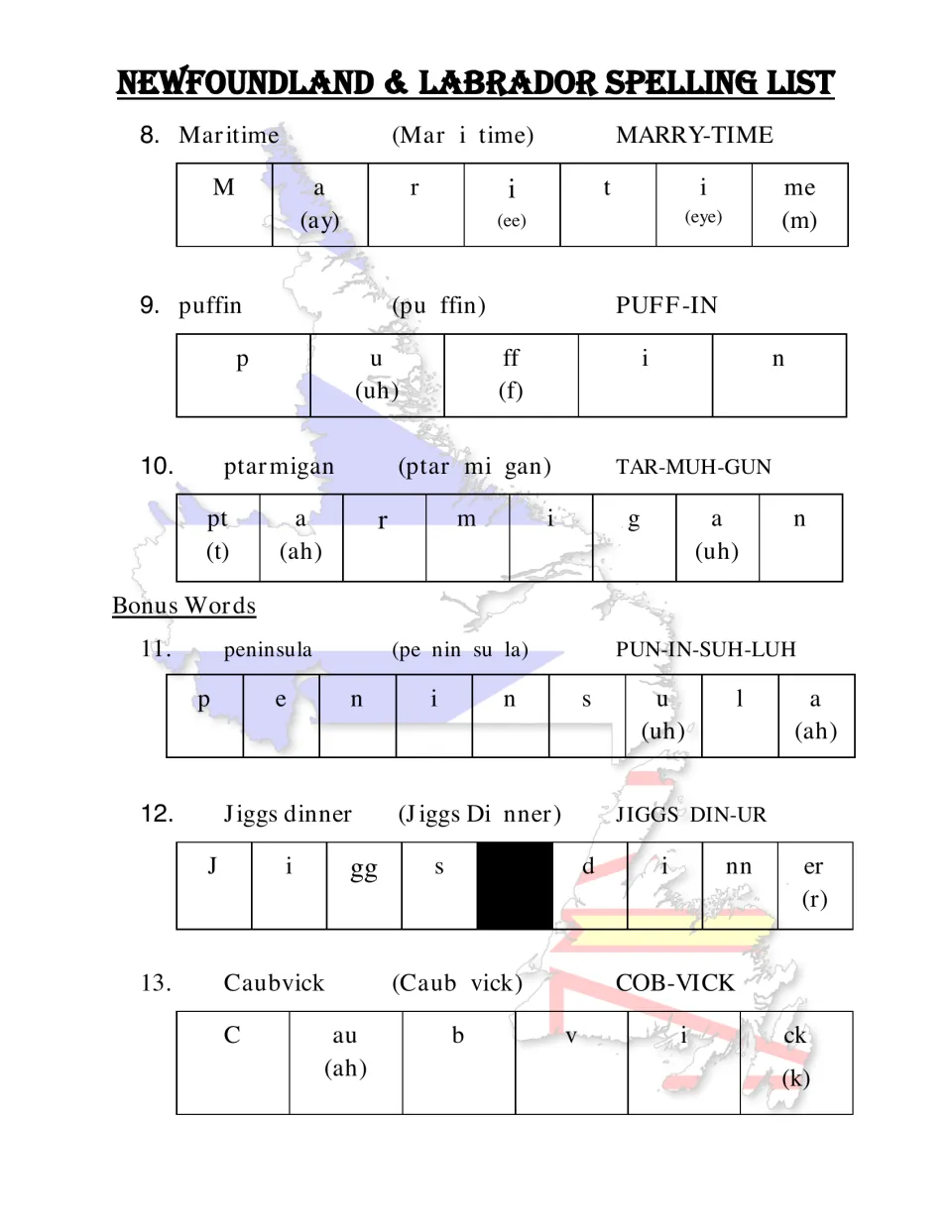 Spelling entries 8–13: Maritime, puffin, ptarmigan, peninsula, Jiggs dinner and Caubvick, with pronunciation cues
