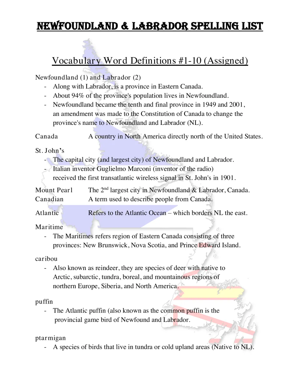 Assigned vocabulary definitions cover Newfoundland, Labrador, St. John’s, Canadian, Atlantic and regional wildlife