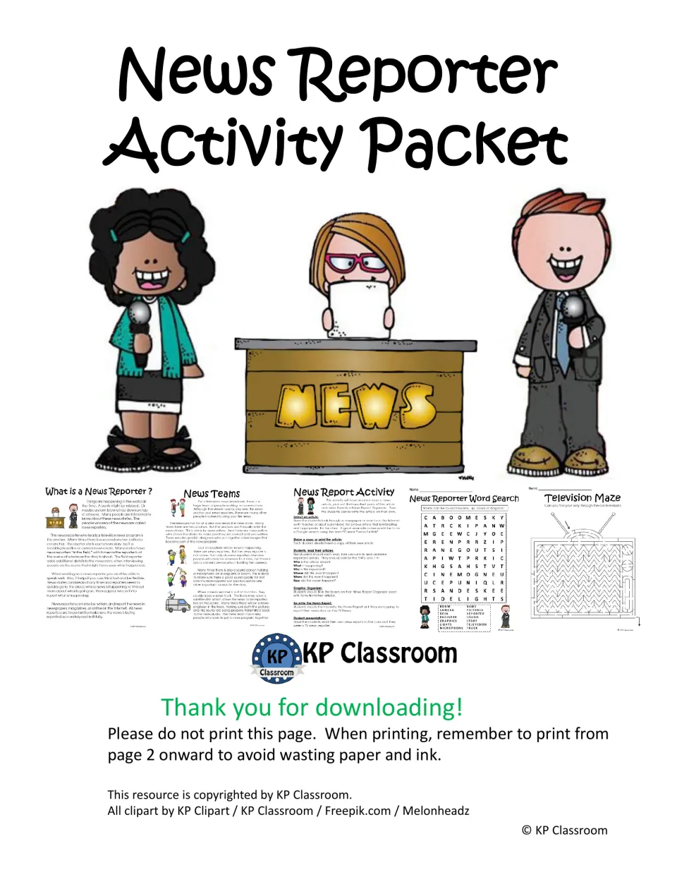 News Reporter Activity Packet cover featuring sample activities and instructions to print from page 2 onward
