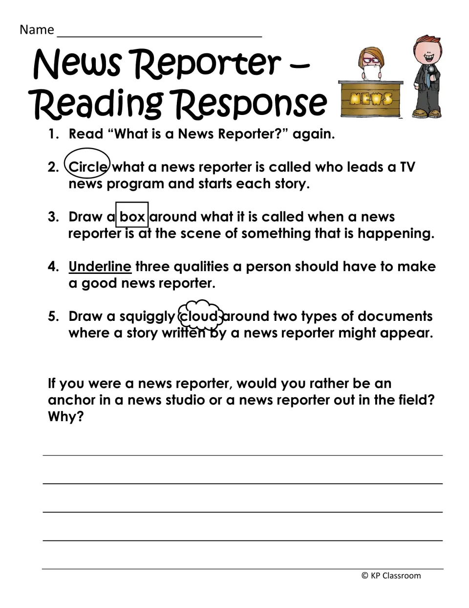 Reading response asks students to mark reporter facts in the passage and choose an anchor or field reporter role