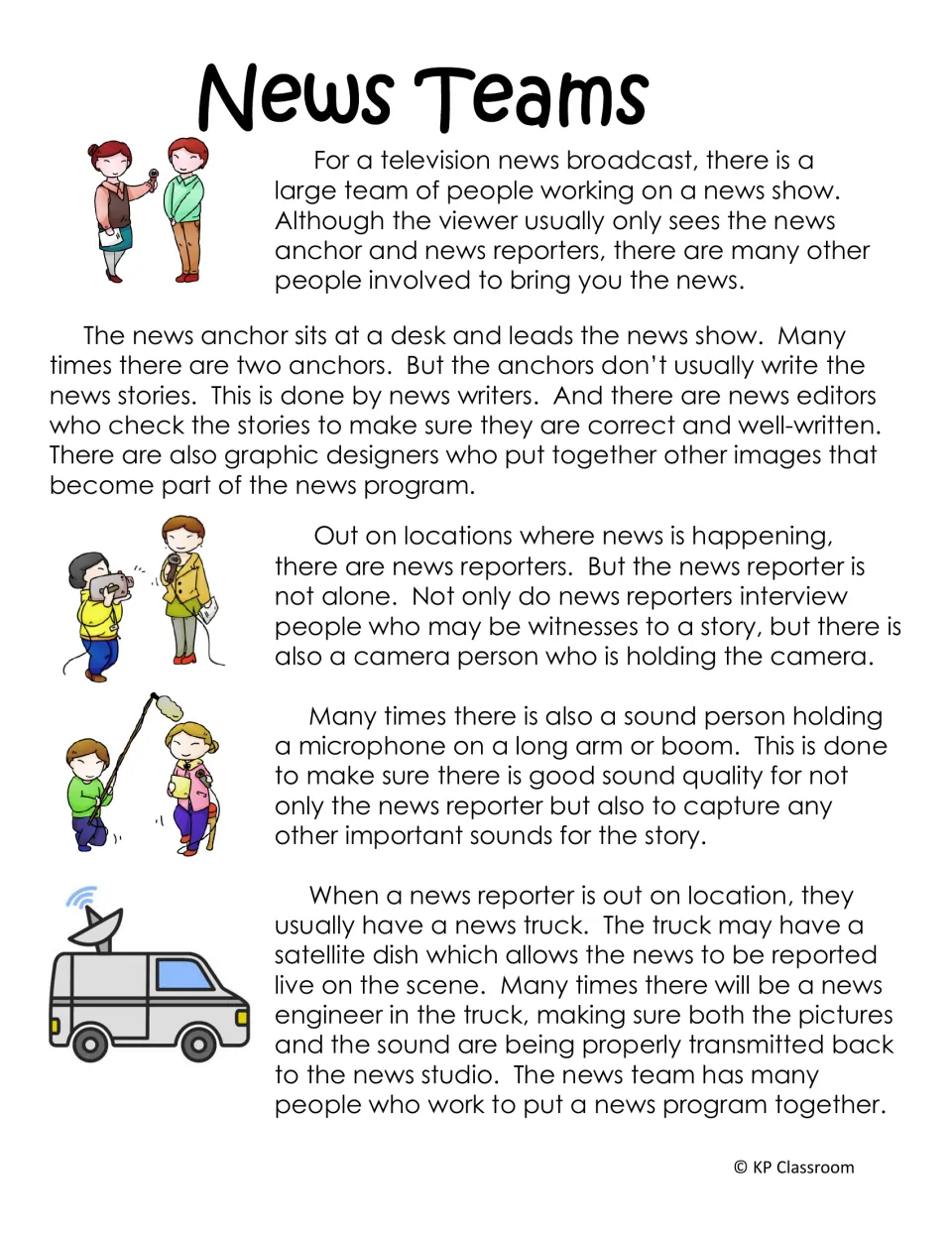 News Teams reading explains anchors, writers, editors, graphic designers, reporters, and broadcast crew roles
