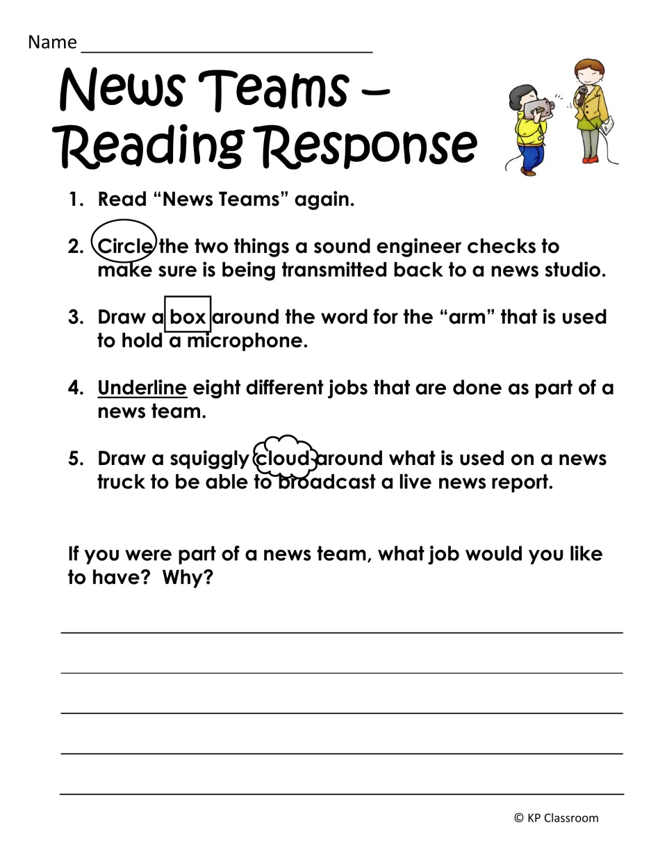 News Teams reading response asks students to mark jobs and equipment in the passage and choose a team role