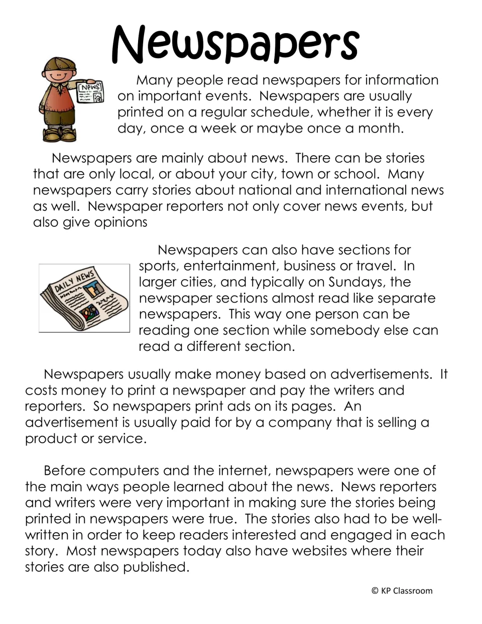 Newspapers reading covers publication schedules, local and world news, sections, advertisements, and websites