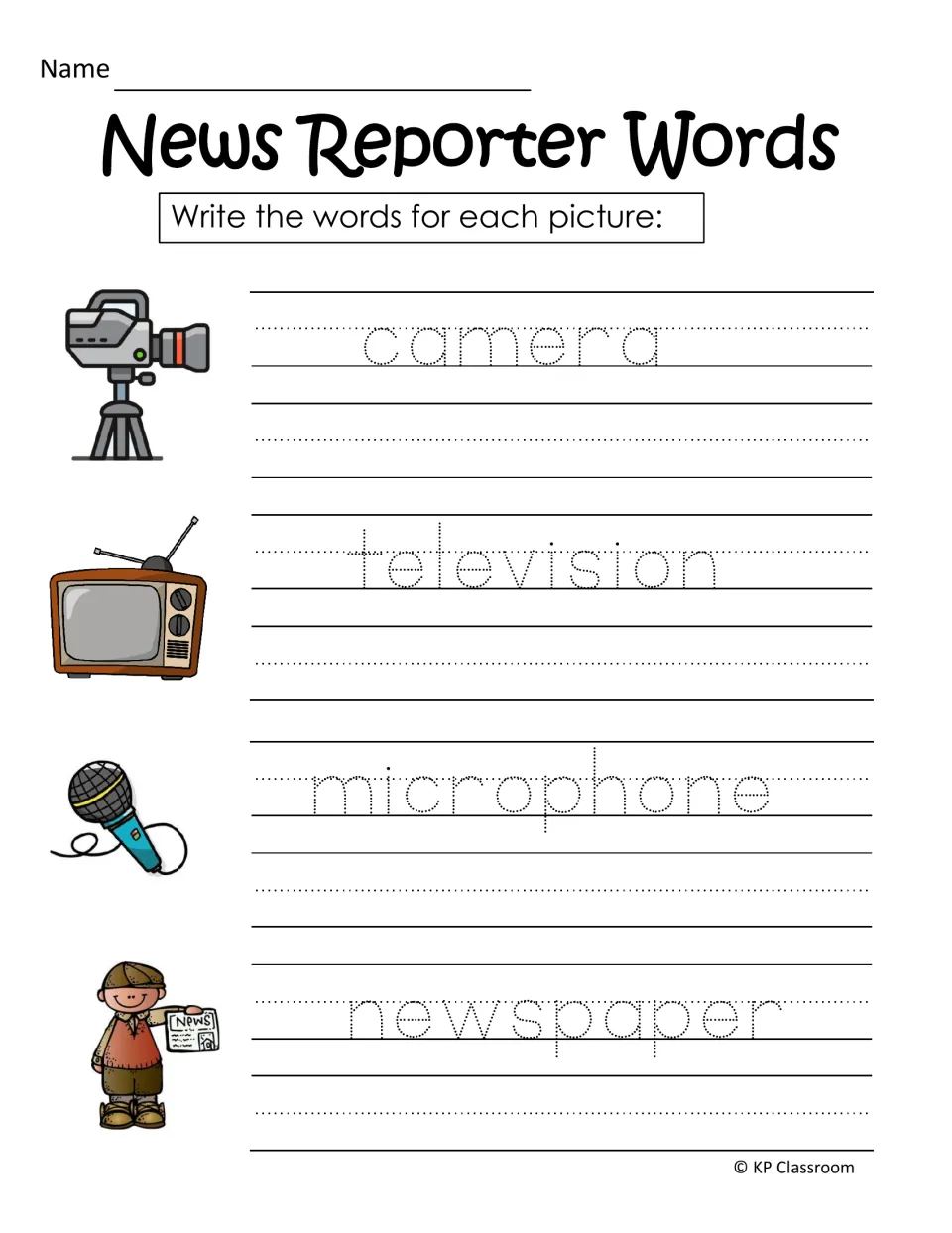 News reporter vocabulary practice asks students to trace and write camera, television, microphone, and newspaper