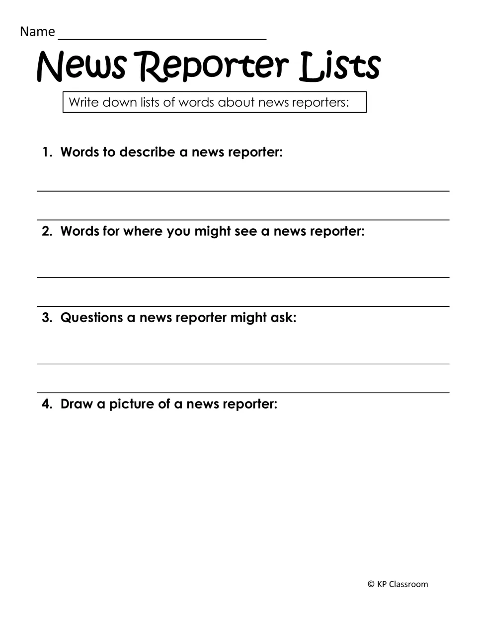 List-writing activity asks for reporter traits, places to see reporters, interview questions, and a reporter drawing