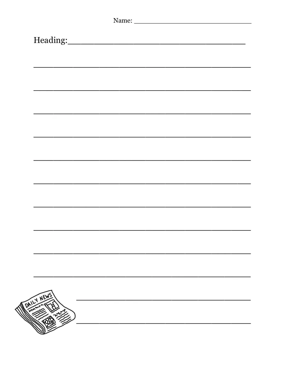 News story draft page: students write a heading for their article and the full story below, with a Daily News drawing
