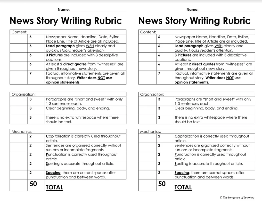 News Story Writing Rubric – cover