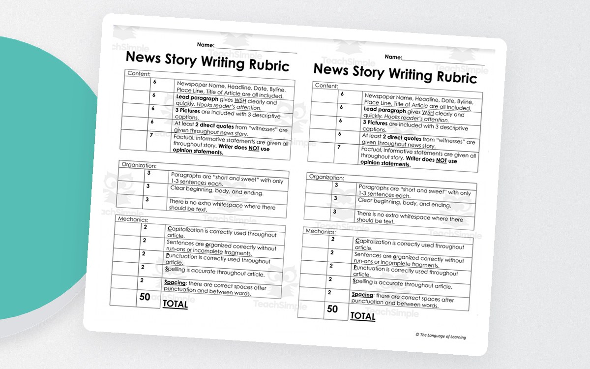 News Story Writing Rubric teaching resource preview