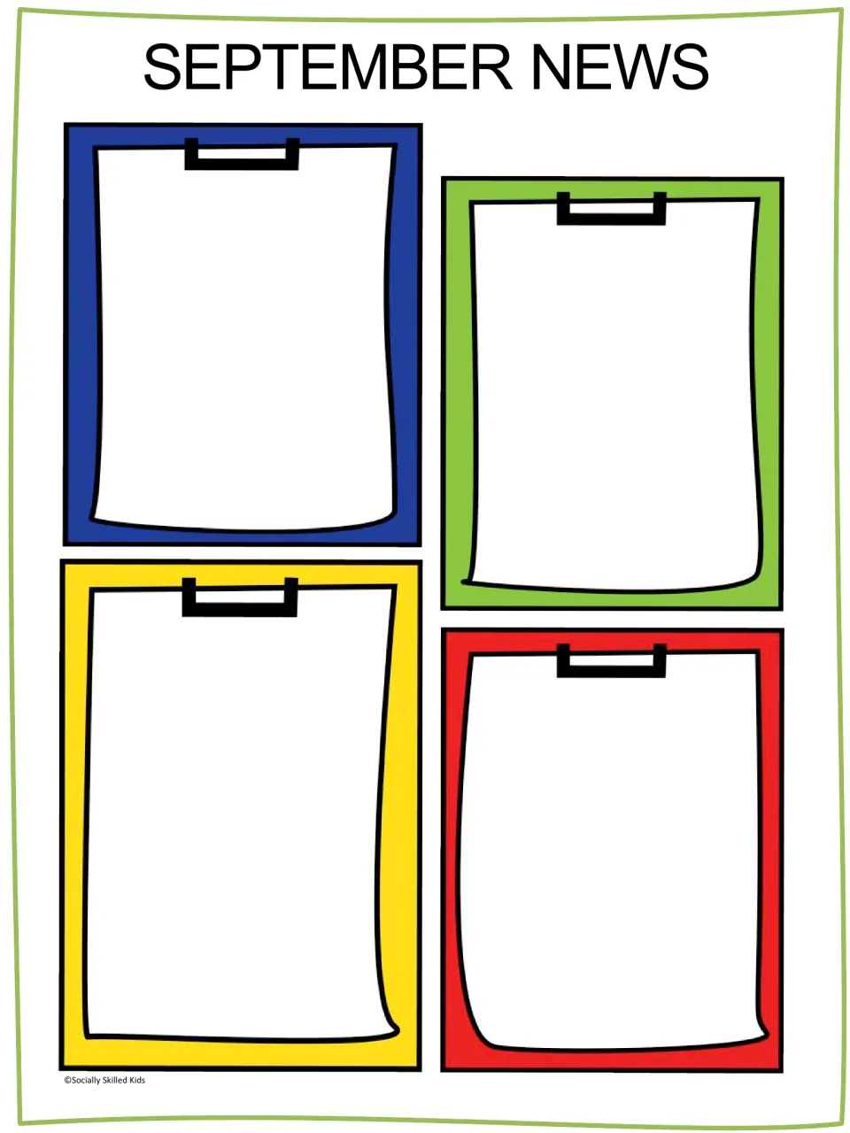 September News family newsletter template: four blank clipboards in blue, green, yellow and red to type or write updates on