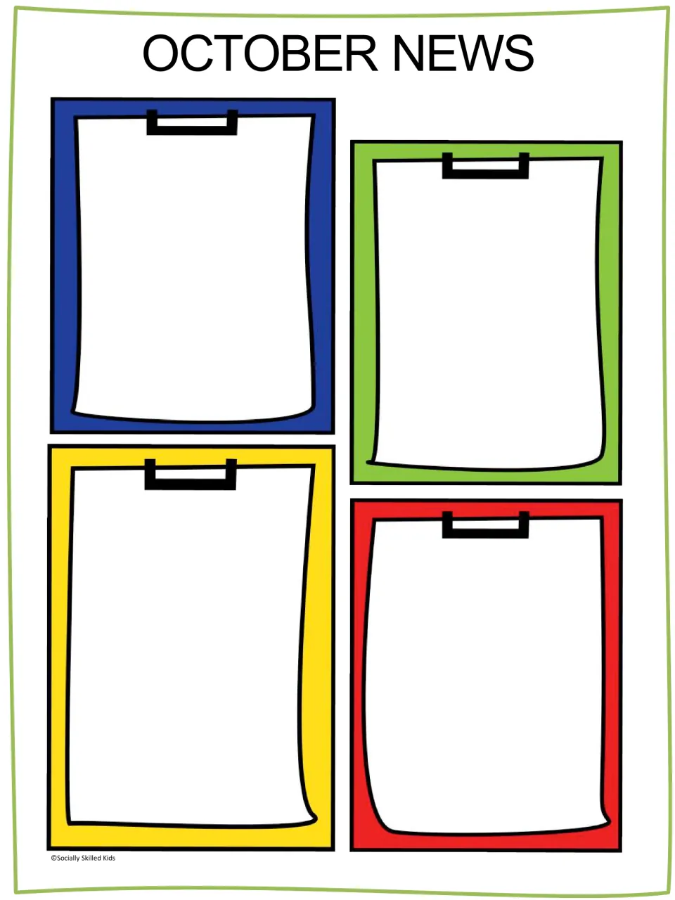 October News template for parent communication, with blue, green, yellow and red clipboards left blank for monthly updates
