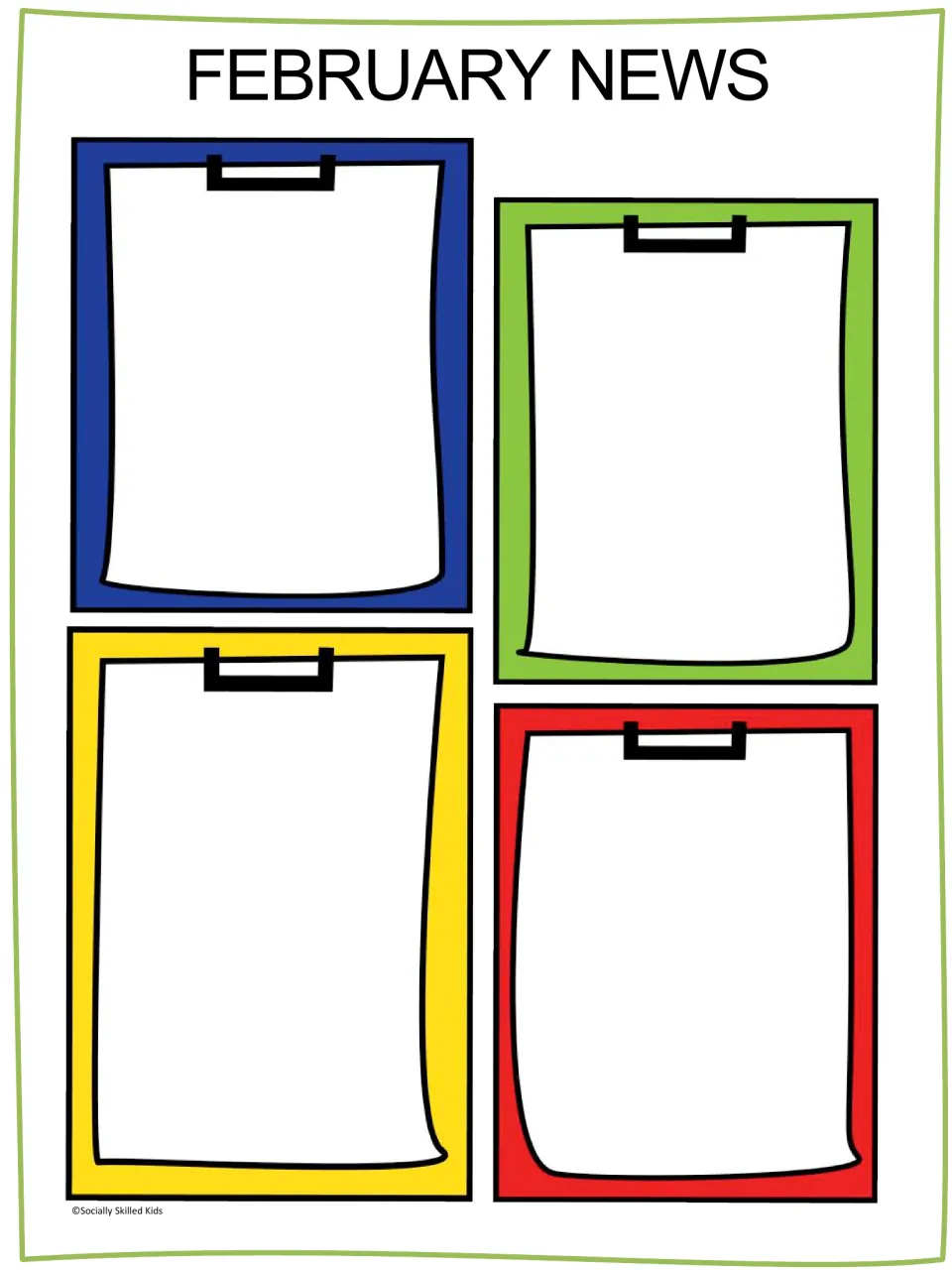 February News home-school newsletter page with four empty blue, green, yellow and red clipboards for monthly class updates