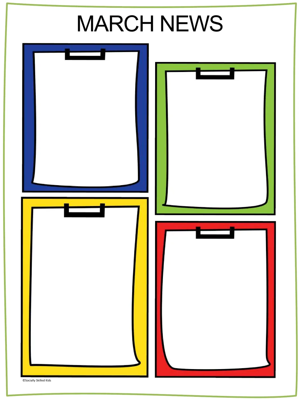 March News family update template: blank blue, green, yellow and red clipboards to fill with March events and reminders