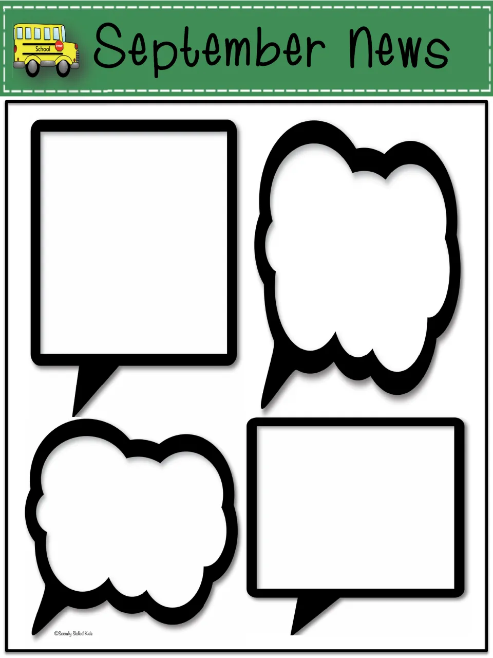 September News: green school bus banner over four blank speech and thought bubbles where the teacher writes class updates