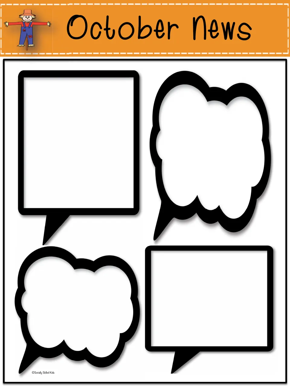 October News: orange scarecrow banner above four empty speech and thought bubbles for writing the month's announcements