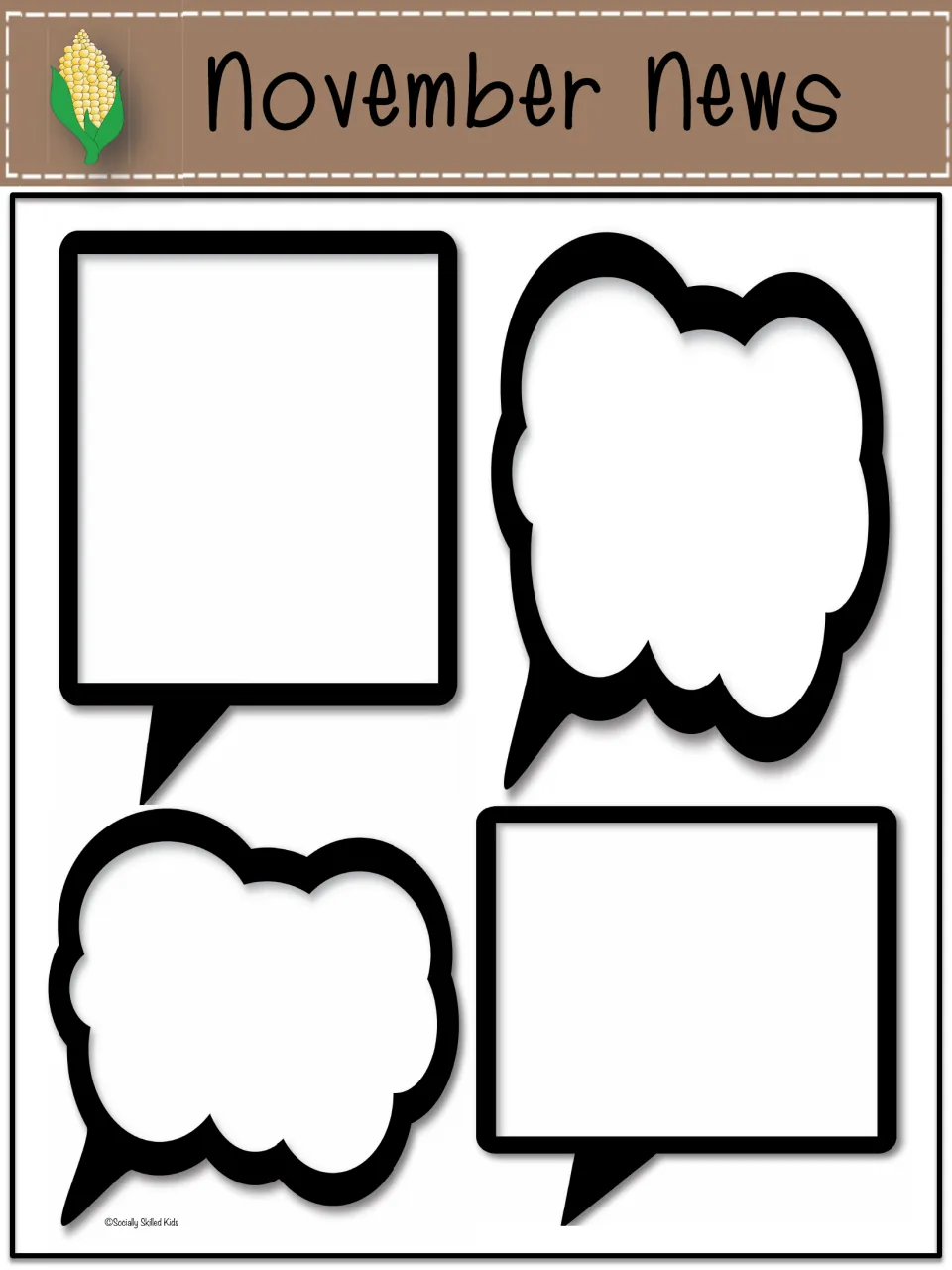 November News: brown banner with an ear of corn above four blank speech bubbles to fill with classroom news and dates