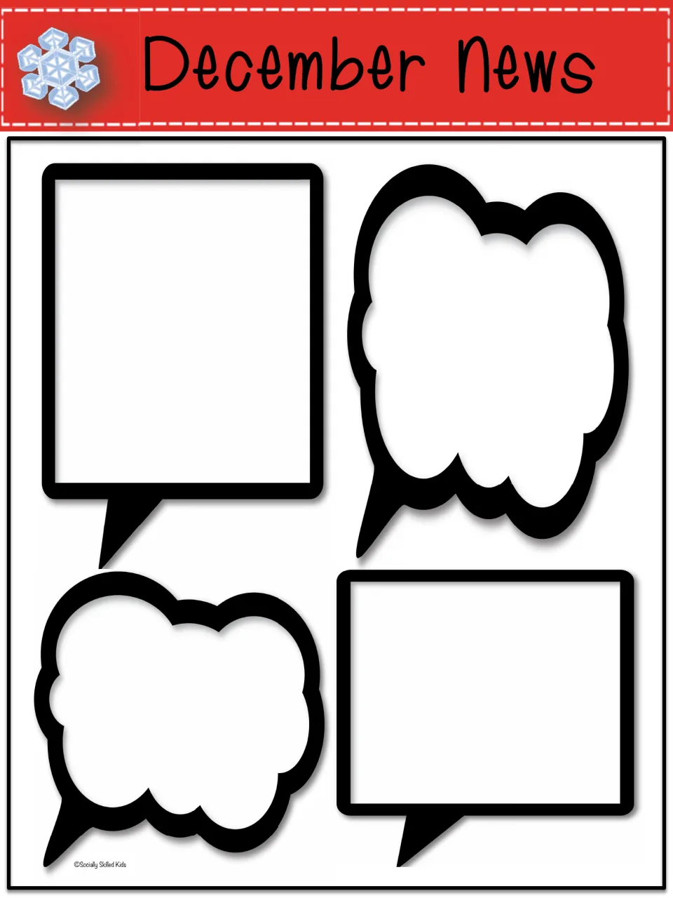 December News: red snowflake banner heading four empty speech and thought bubbles ready for winter class updates