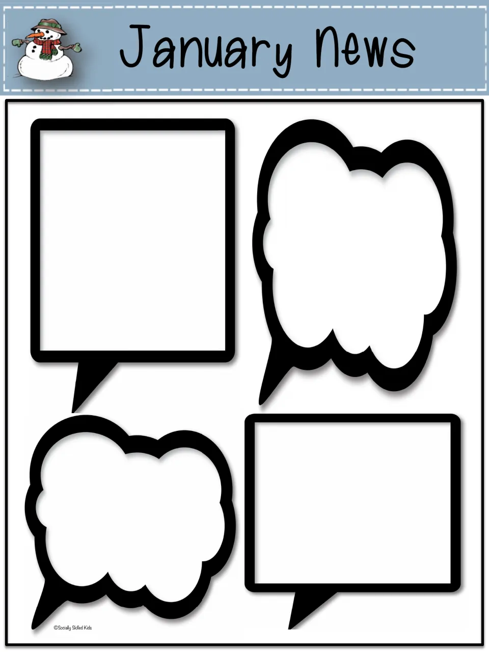 January News: light blue banner with a snowman over four open speech bubbles for sharing new-year class information