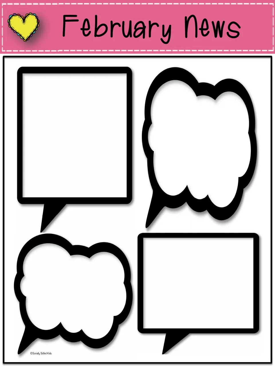 February News: pink banner with a yellow heart topping four blank speech and thought bubbles for monthly parent updates