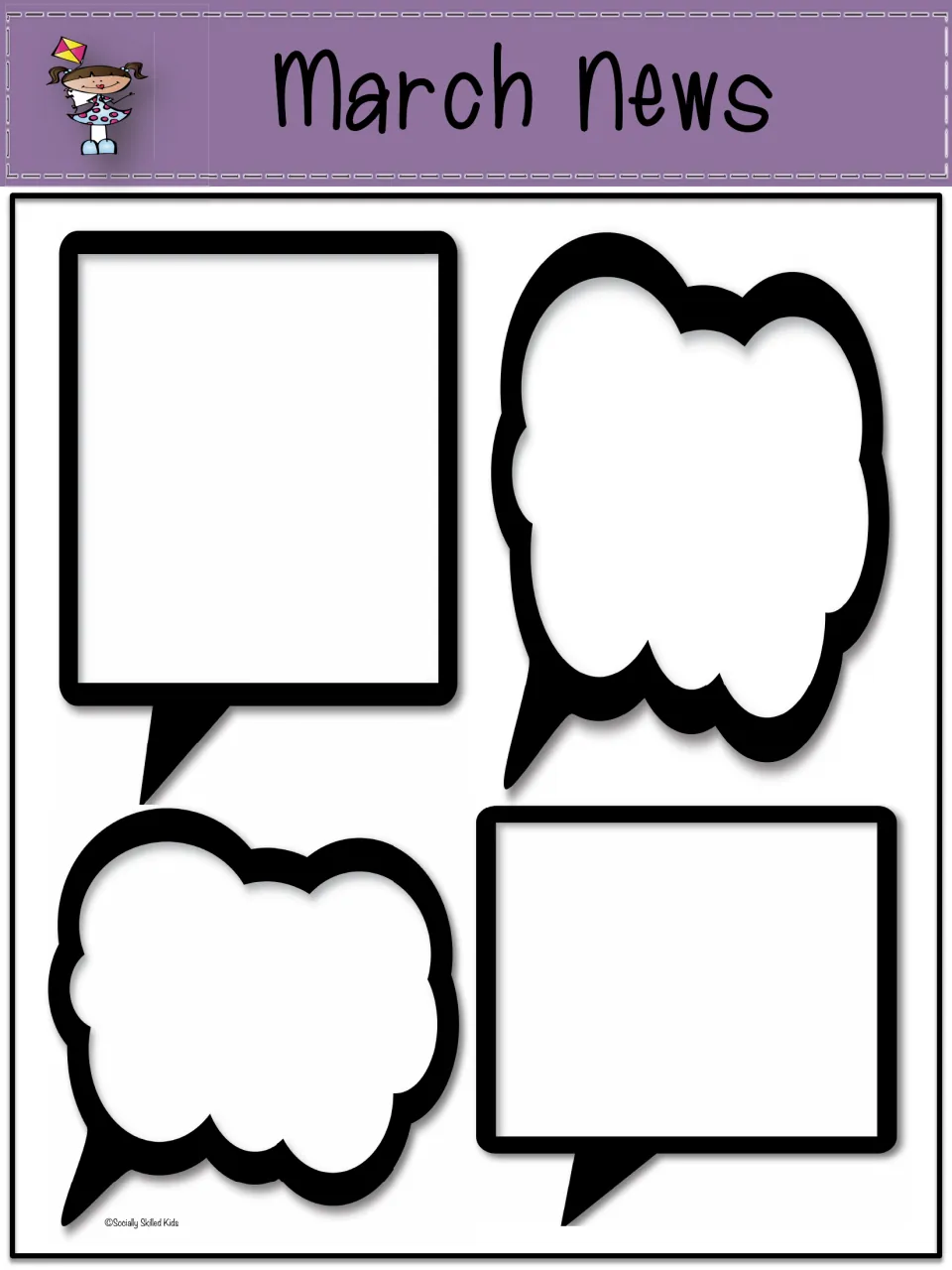 March News: purple banner showing a girl with a kite above four empty speech bubbles for writing spring classroom news