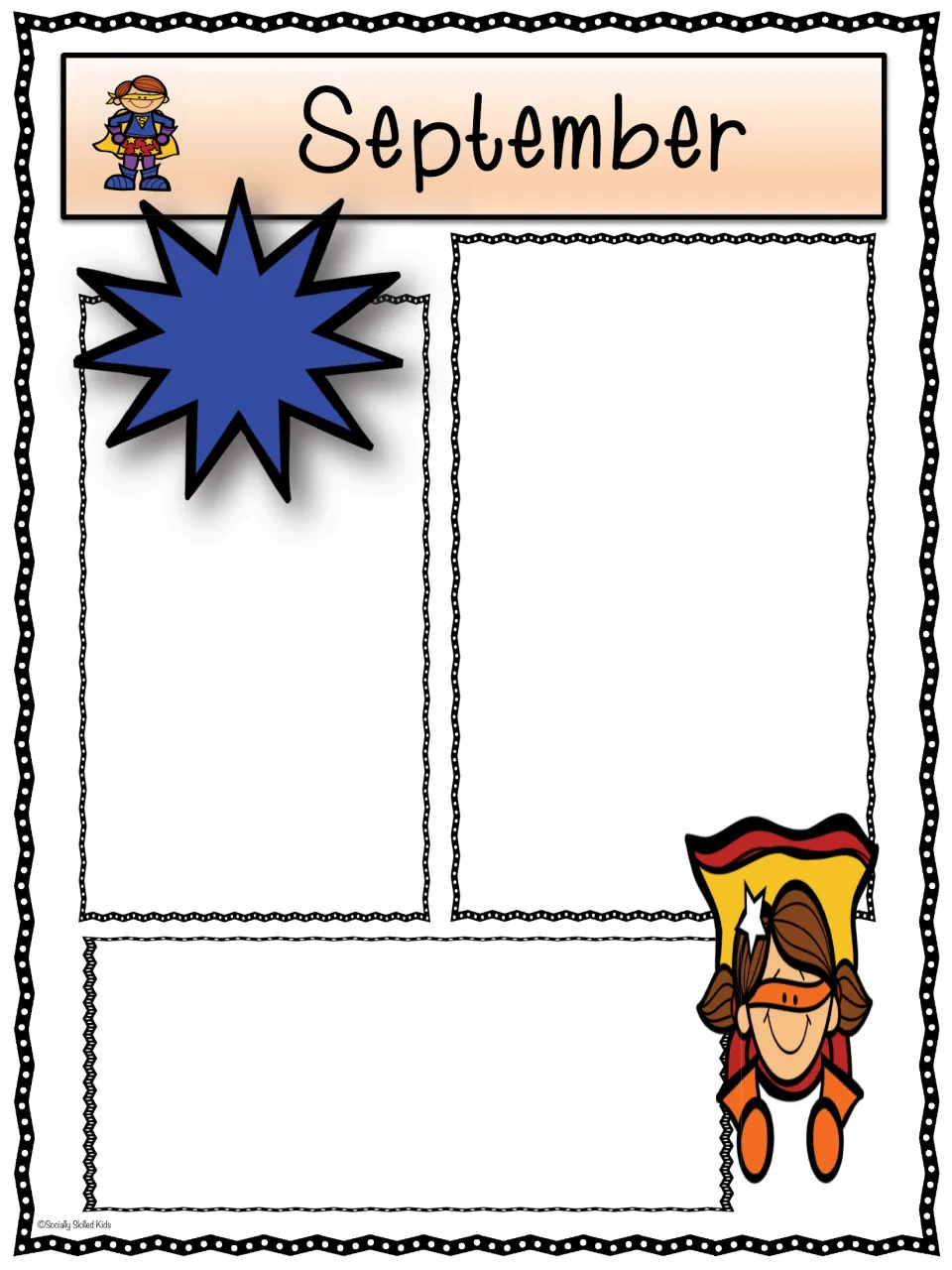 September superhero newsletter: three blank sections for class news, a blue starburst and a masked hero girl in a cape