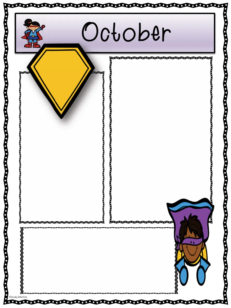 October superhero newsletter: blank sections for family updates beside a yellow hero emblem and a boy in a purple mask