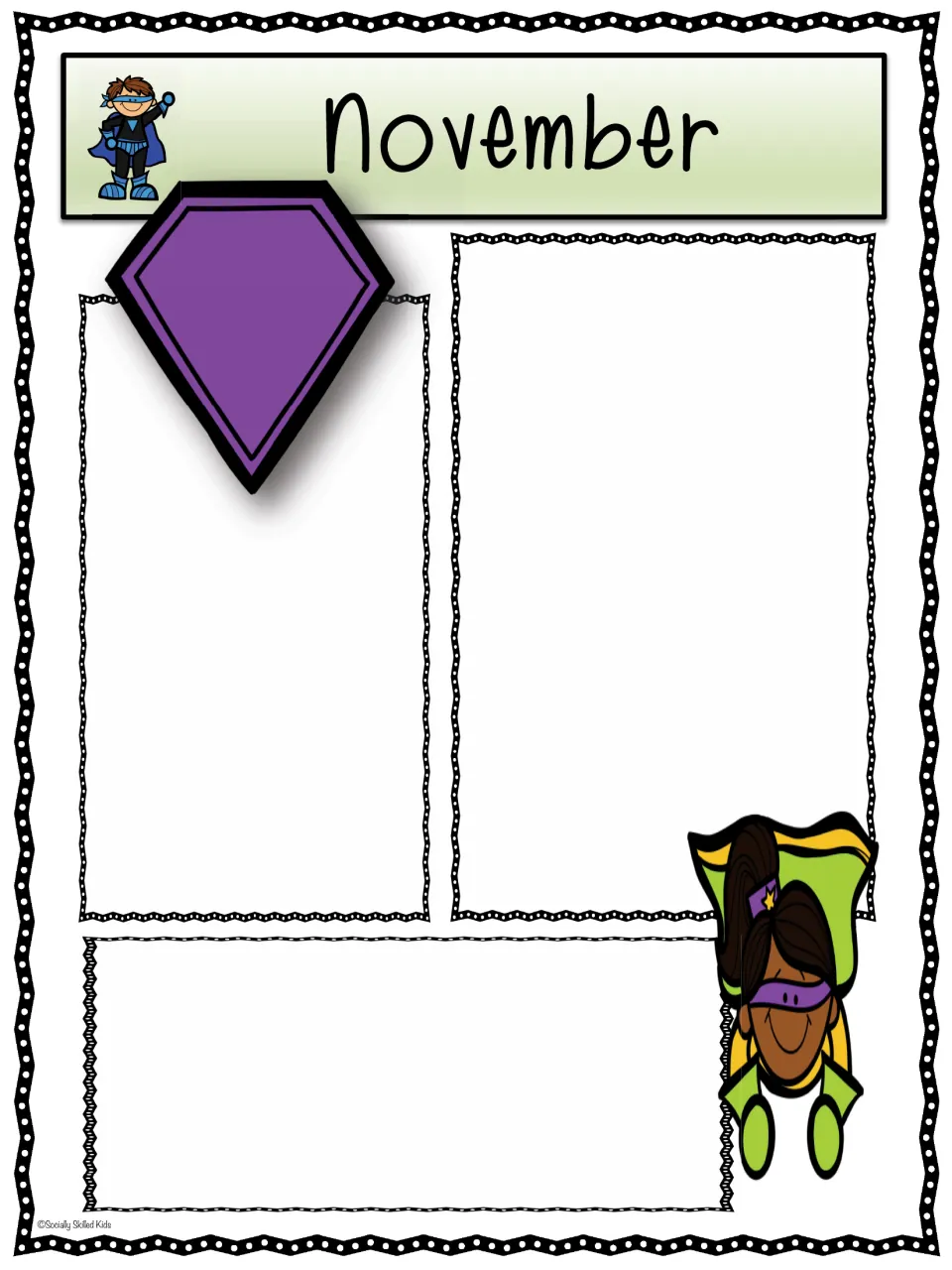 November superhero newsletter: empty writing areas under a purple hero emblem, a girl hero in a green cape