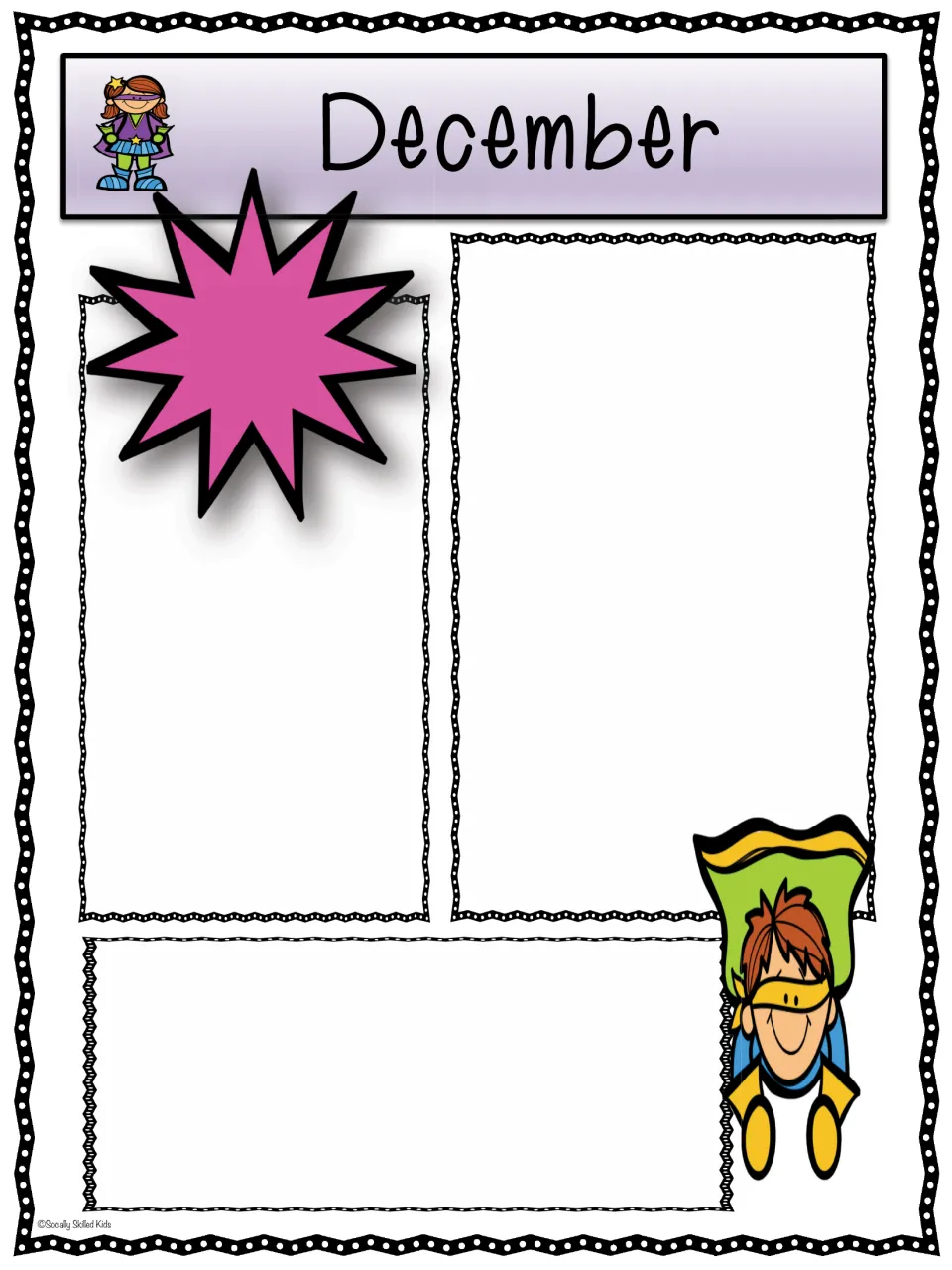 December superhero newsletter: open space for winter news next to a pink starburst and a red-haired boy in a green cape