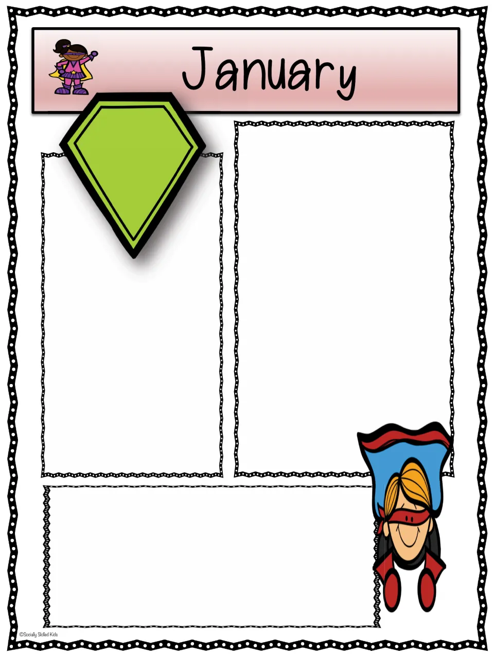 January superhero newsletter: blank areas for new-year updates with a green hero emblem and a blond hero in a blue cape