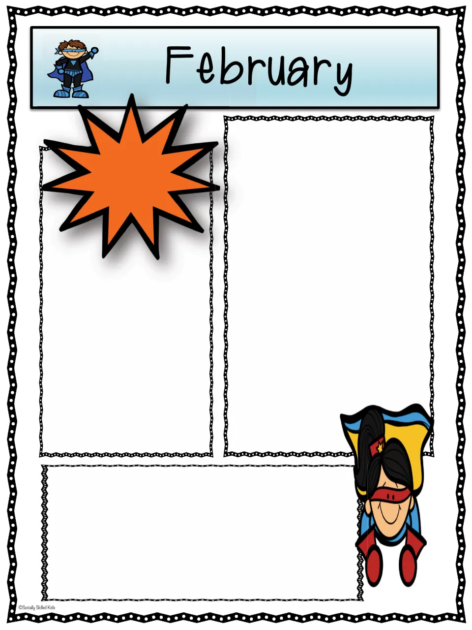February superhero newsletter: room to type class news beneath an orange starburst, plus a dark-haired hero in a red mask
